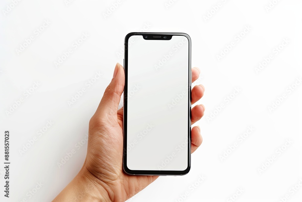 Smartphone mockup on hand with white blank screen created with Generative AI Smartphone mockup on hand with white blank screen created with Generative AI