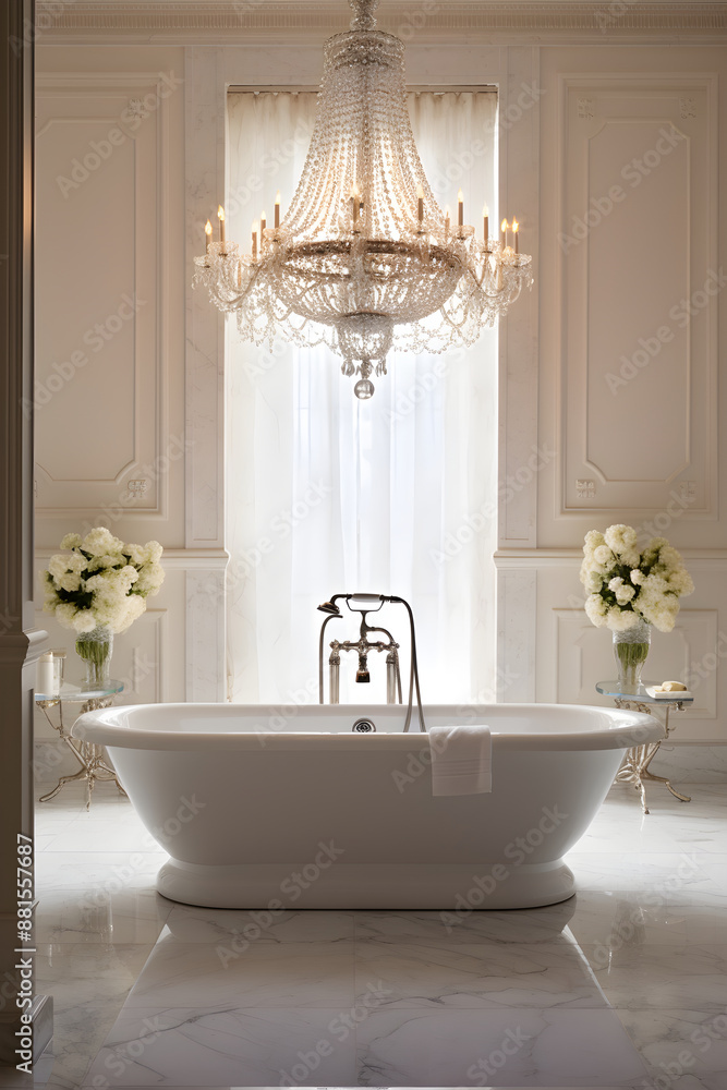 Fototapeta premium Luxurious Bubble Bath in Elegant and Sophisticated Bathroom Interior Design with Grand Chandelier