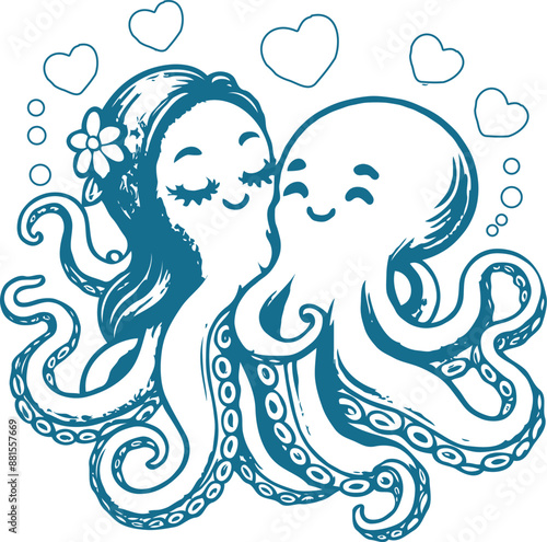 Cute couple of octopuses with heart. Valentines card with funny character in love. We complete each other. Vector illustration. Outline drawing