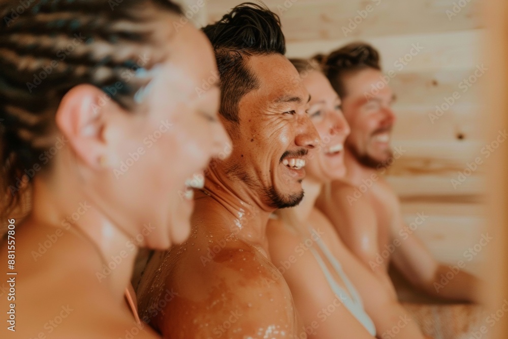 Fototapeta premium Multicultural Friends Enjoying a Warm Joyful Gathering in a Cozy Sauna, Emphasizing Connection and Wellbeing