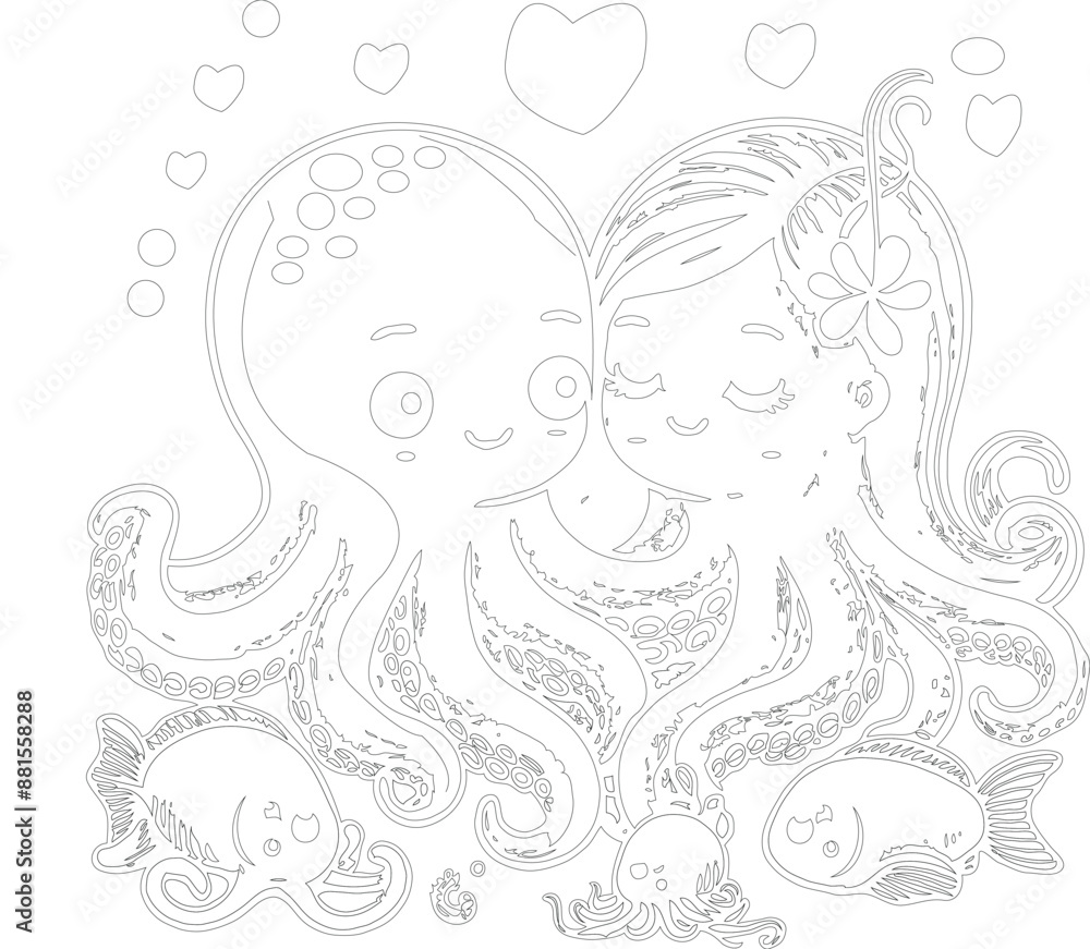 Cute couple of octopuses with heart. Valentines card with funny character in love. We complete each other. Vector illustration. Outline drawing Cute couple of octopuses with heart. Valentines card with funny character in love. We complete each other. Vector illustration. Outline drawing