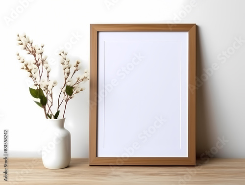 Wooden framed blank poster with decorative vase and flowers on a wooden table.