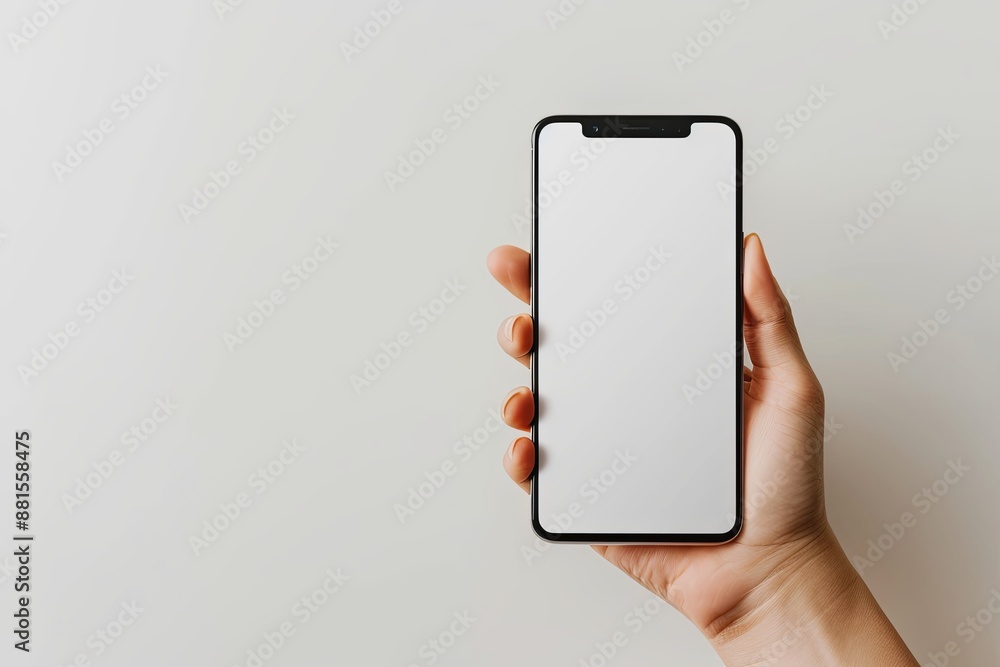 Smartphone mockup on hand with white blank screen created with Generative AI
