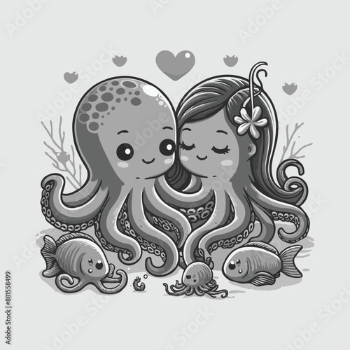 Cute couple of octopuses with heart. Valentines card with funny character in love. We complete each other. Vector illustration. Outline drawing