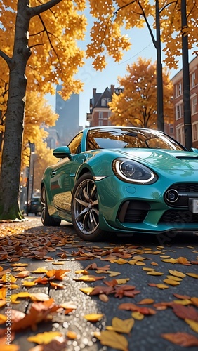 Teal sports car parked on a city street with fallen autumn leaves.