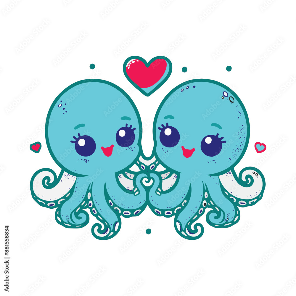 Fototapeta premium Cute couple of octopuses with heart. Valentines card with funny character in love. We complete each other. Vector illustration. Outline drawing