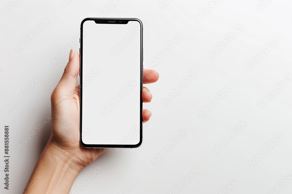 Smartphone mockup on hand with white blank screen created with Generative AI Smartphone mockup on hand with white blank screen created with Generative AI