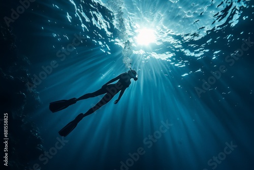 free diver into deep blue ocean