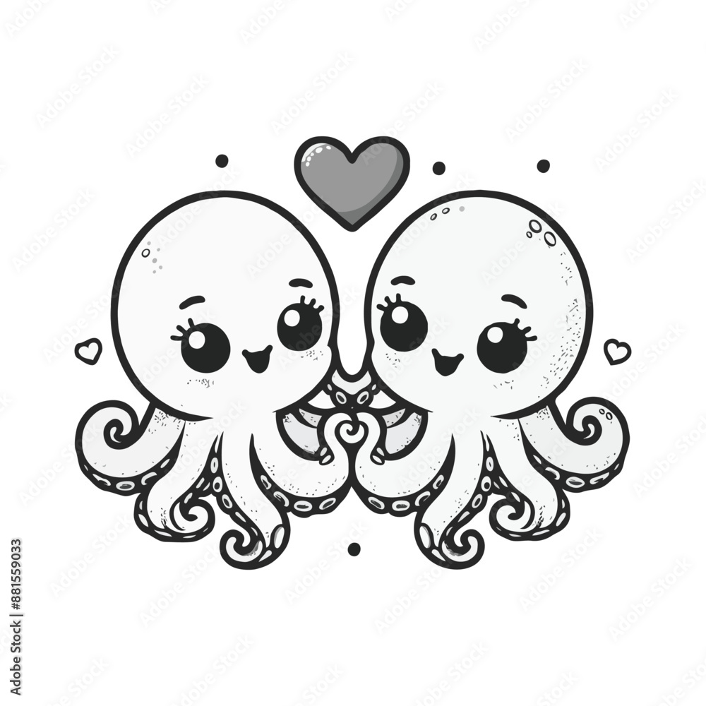 Obraz premium Cute couple of octopuses with heart. Valentines card with funny character in love. We complete each other. Vector illustration. Outline drawing