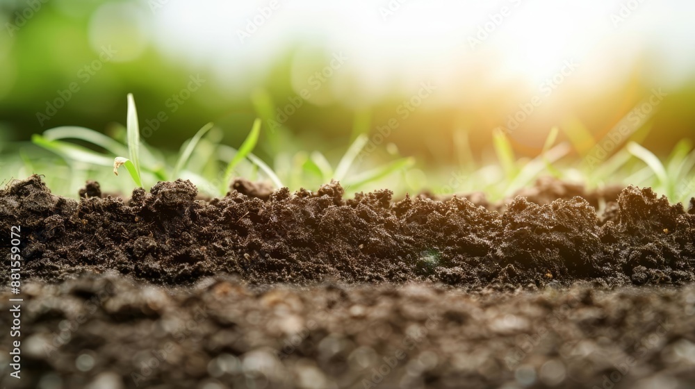 Closeup of rich, fertile soil with green grass and sunlight. Closeup of rich, fertile soil with green grass and sunlight.