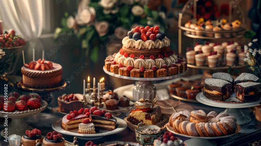 An elegant dessert table with a variety of cakes, pastries, and sweets, beautifully arranged in a luxurious setting for a special occasion. An elegant dessert table with a variety of cakes, pastries, and sweets, beautifully arranged in a luxurious setting for a special occasion.