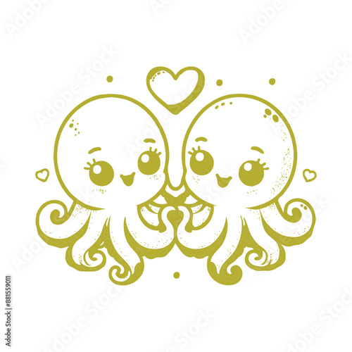 Cute couple of octopuses with heart. Valentines card with funny character in love. We complete each other. Vector illustration. Outline drawing
