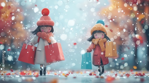 Cute illustration of two children with shopping bags, enjoying a snowy winter day in colorful attire.