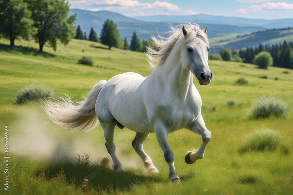 A white horse running towards him on the green grass A white horse running towards him on the green grass