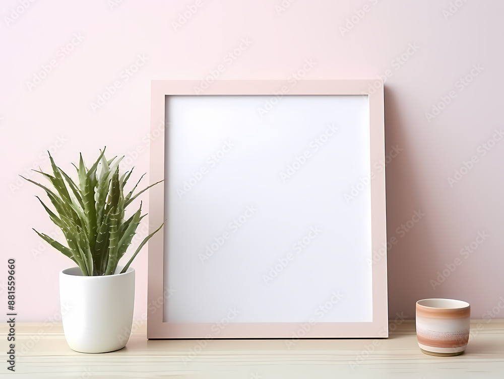 Minimalist composition with a blank pink frame, a potted green plant, and a striped cup on a light wooden surface. Minimalist composition with a blank pink frame, a potted green plant, and a striped cup on a light wooden surface.