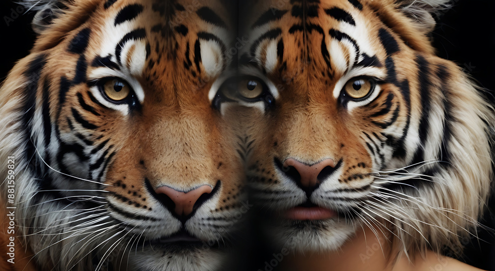 Closeup Portrait of face of half woman and half tiger merged in together with high details, brave girl or human tiger concept, tiger concept Closeup Portrait of face of half woman and half tiger merged in together with high details, brave girl or human tiger concept, tiger concept