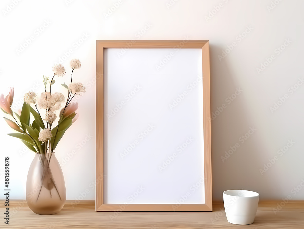 Minimalistic empty wooden frame, flower vase, and white cup on wooden tabletop against a white wall Minimalistic empty wooden frame, flower vase, and white cup on wooden tabletop against a white wall