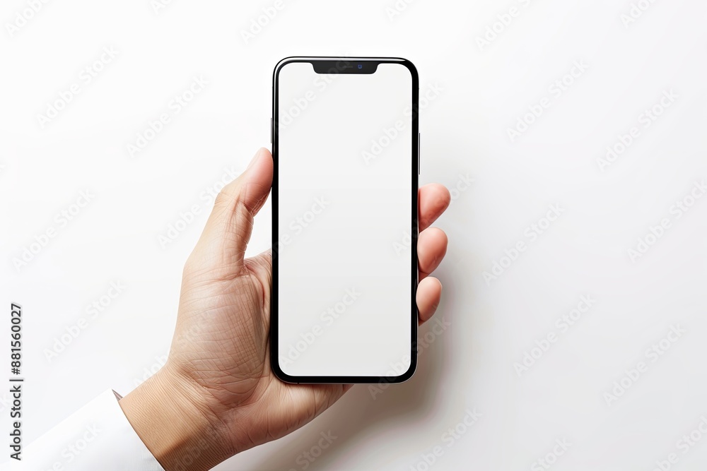 Smartphone mockup on hand with white blank screen created with Generative AI Smartphone mockup on hand with white blank screen created with Generative AI