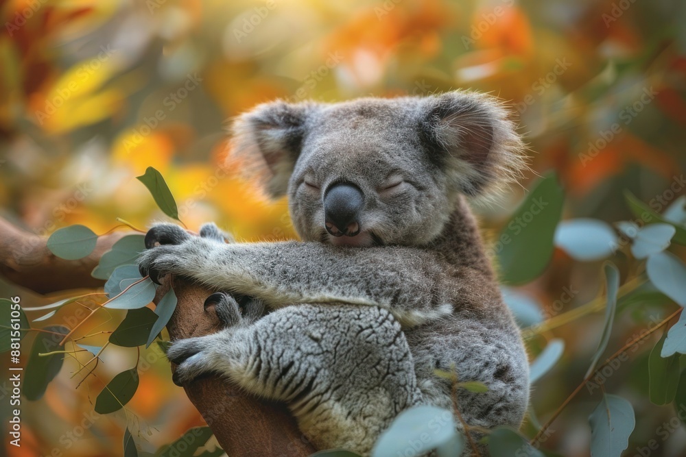 Obraz premium Koala Bear Perched on Eucalyptus Branch in Australian Bushland, Surrounded by Soothing Gum Leaf Scent.