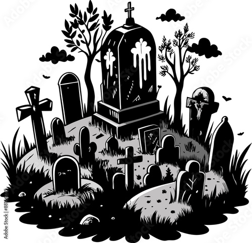 Spooky Cemetery Illustration with Gravestones, Trees, and Crosses in Black and White