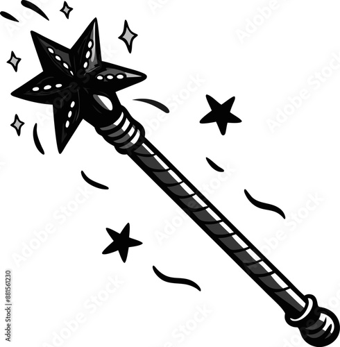 Illustration of a Magic Wand with Star Shaped Tip, Sparkles, and Swirling Accents