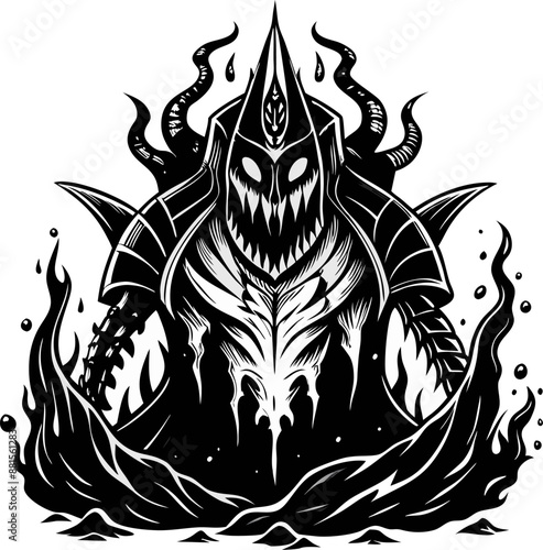 Monochrome Demon Illustration with Spikes and Flames in Black and White