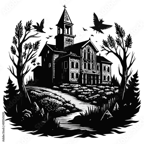 Spooky Haunted House in Black and White with Gothic Architecture and Crows