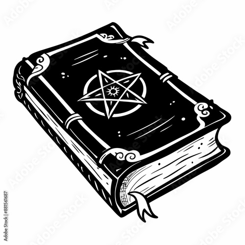 Ancient Grimoire with Pentagram Symbol, Magic Spells, Black and White Line Art Illustration