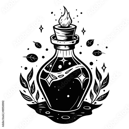 Mystical Potion Bottle with Enchanting Flame and Magical Leaves