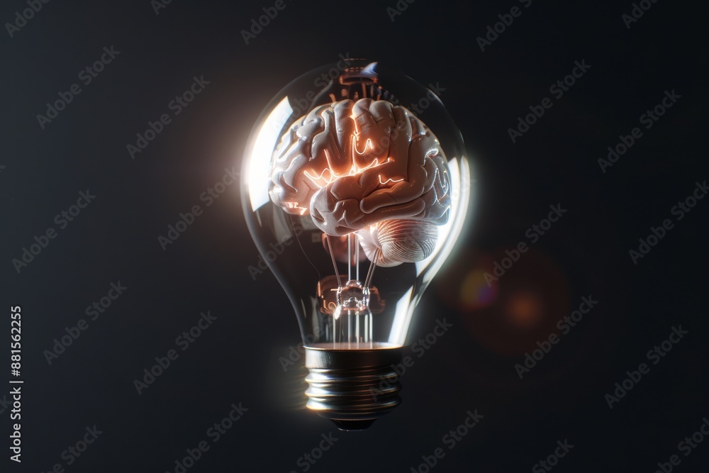 A glowing brain inside a light bulb, representing creativity and innovation. The image highlights the power of bright ideas and intellectual brilliance on black background. A glowing brain inside a light bulb, representing creativity and innovation. The image highlights the power of bright ideas and intellectual brilliance on black background.