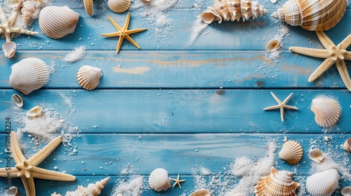 Beach essentials on blue wooden background with shells Top view space for text