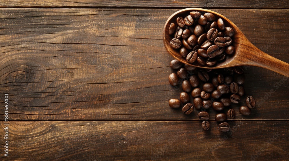 Coffee beans on wooden spoon on rustic table with space for text Coffee in cup on loft background Coffee beans on wooden spoon on rustic table with space for text Coffee in cup on loft background