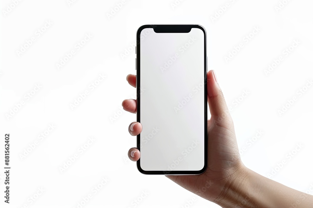 Smartphone mockup on hand with white blank screen created with Generative AI Smartphone mockup on hand with white blank screen created with Generative AI