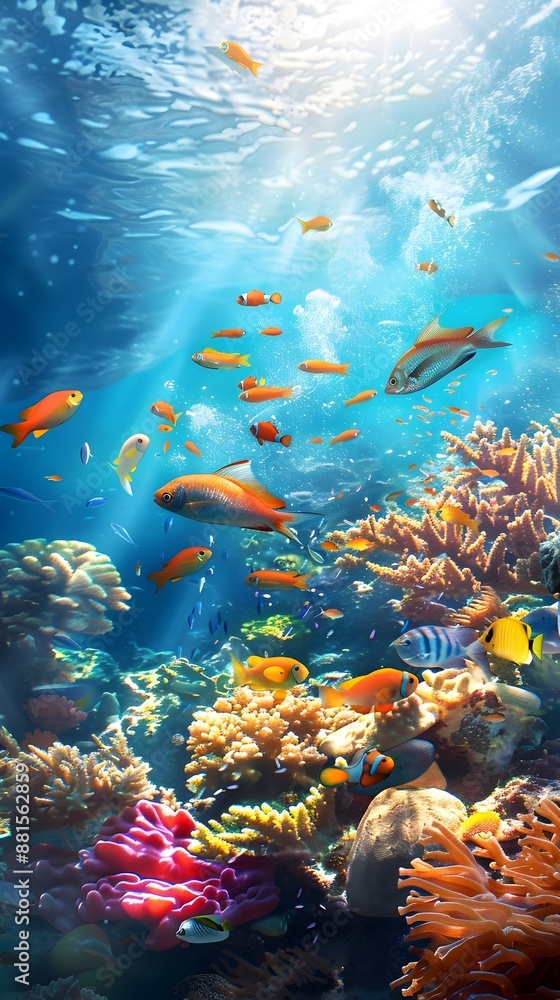 Naklejka premium Vibrant Tetra Fish Swimming Amid Colorful Coral Formations in Underwater Seascape