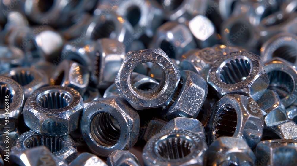 Precision Engineering: Close-Up of a Pile of Assorted Bolts and Nuts, Showcasing Various Sizes and Threads. Precision Engineering: Close-Up of a Pile of Assorted Bolts and Nuts, Showcasing Various Sizes and Threads.