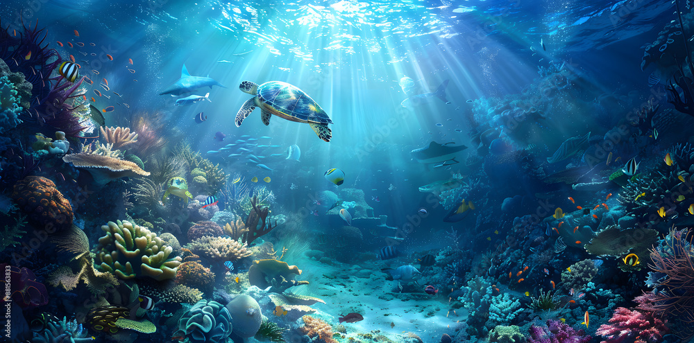 Underwater, a mystical scene reveals vibrant coral reefs and an abundance of marine life in a stunning ecosystem. Underwater, a mystical scene reveals vibrant coral reefs and an abundance of marine life in a stunning ecosystem.