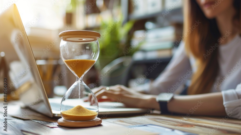 time management concept, a close-up of an hourglass with a blurred businesswoman working at a desk using a laptop in an office background. time management concept, a close-up of an hourglass with a blurred businesswoman working at a desk using a laptop in an office background.