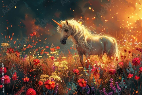 Evokes a sense of magic and wonder with a unicorn prancing through a field of rainbow-colored flowers.