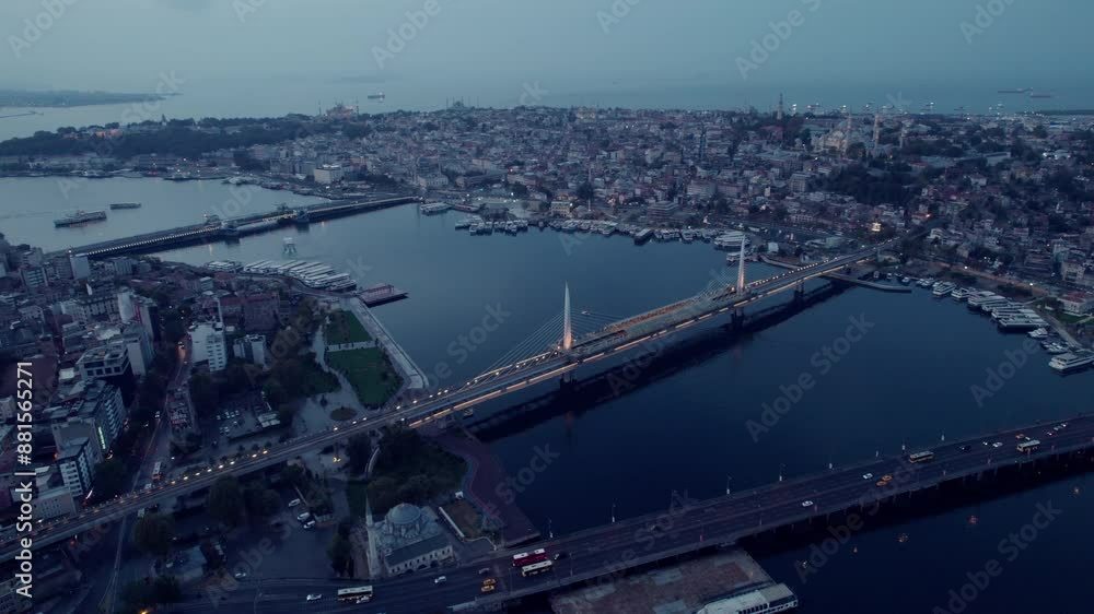 Aerial drone flight of the three bridges over the river of Istanbul city in europe on a cloudy and grey day, slow motion and copy space Aerial drone flight of the three bridges over the river of Istanbul city in europe on a cloudy and grey day, slow motion and copy space