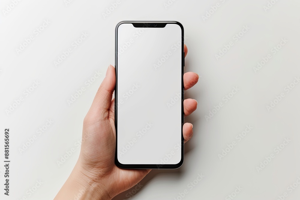 Smartphone mockup on hand with white blank screen created with Generative AI Smartphone mockup on hand with white blank screen created with Generative AI
