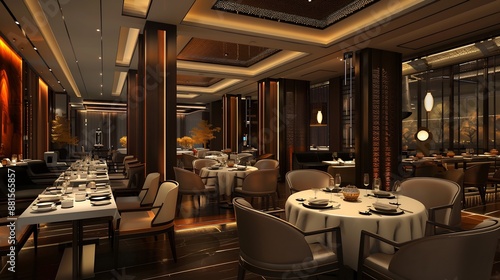Elegant Restaurant Interior with Rich Wood and Warm Lighting © Lisa_Art
