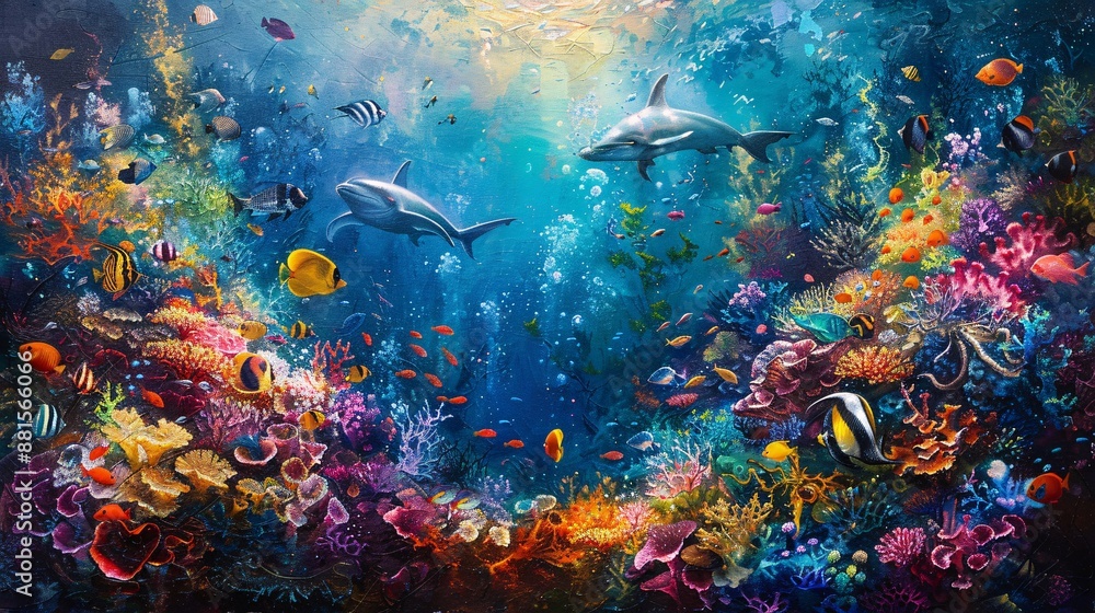 an underwater painting depicting deep sea life with vibrant marine creatures, showcasing the beauty and diversity of ocean ecosystems an underwater painting depicting deep sea life with vibrant marine creatures, showcasing the beauty and diversity of ocean ecosystems