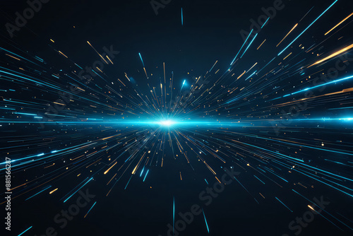 Abstract glowing blue and gold digital particles form a futuristic hyperspace tunnel photo