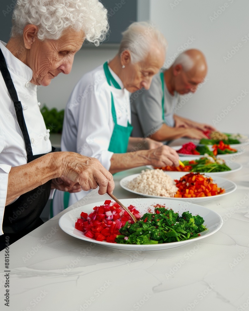 Diverse Elderly Group in a Cooking Class Learning to Make Low-Carb Meals, Led by a Female Instructor in a Bright Kitchen Diverse Elderly Group in a Cooking Class Learning to Make Low-Carb Meals, Led by a Female Instructor in a Bright Kitchen