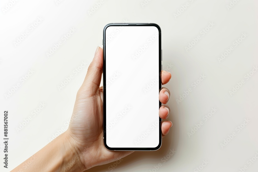 Smartphone mockup on hand with white blank screen created with Generative AI Smartphone mockup on hand with white blank screen created with Generative AI