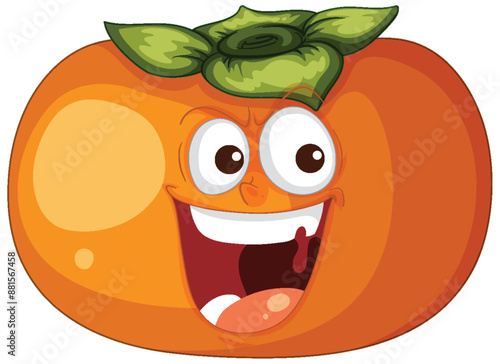 Smiling persimmon with expressive eyes and leaves