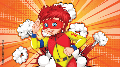 Energetic superhero with red hair and mask