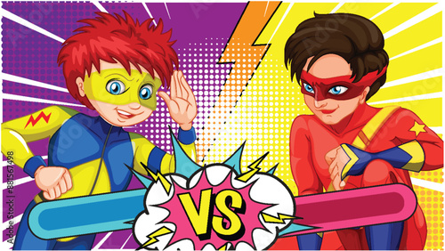 Two superheroes face off in a colorful duel