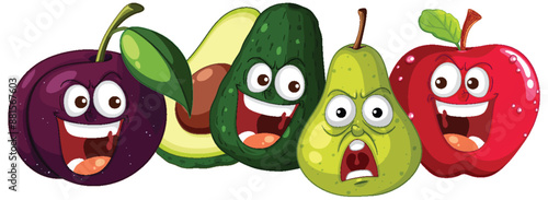 Cheerful fruits with expressive faces and emotions