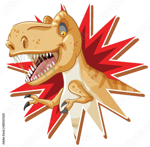 A fierce T-Rex with a red burst background